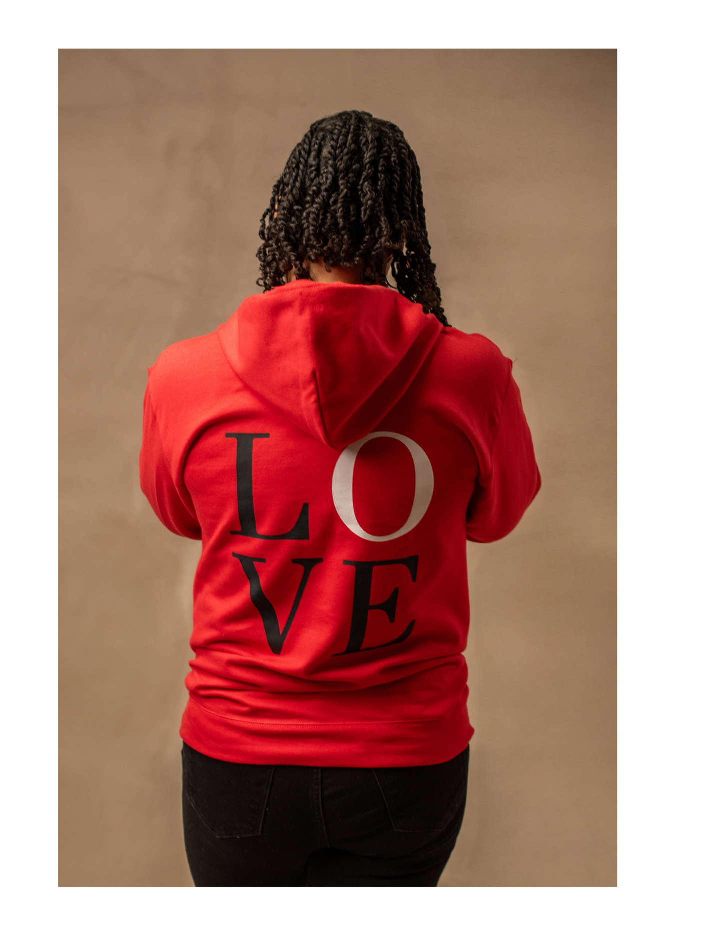 Woman wearing Red LOVE Hoodie-Back