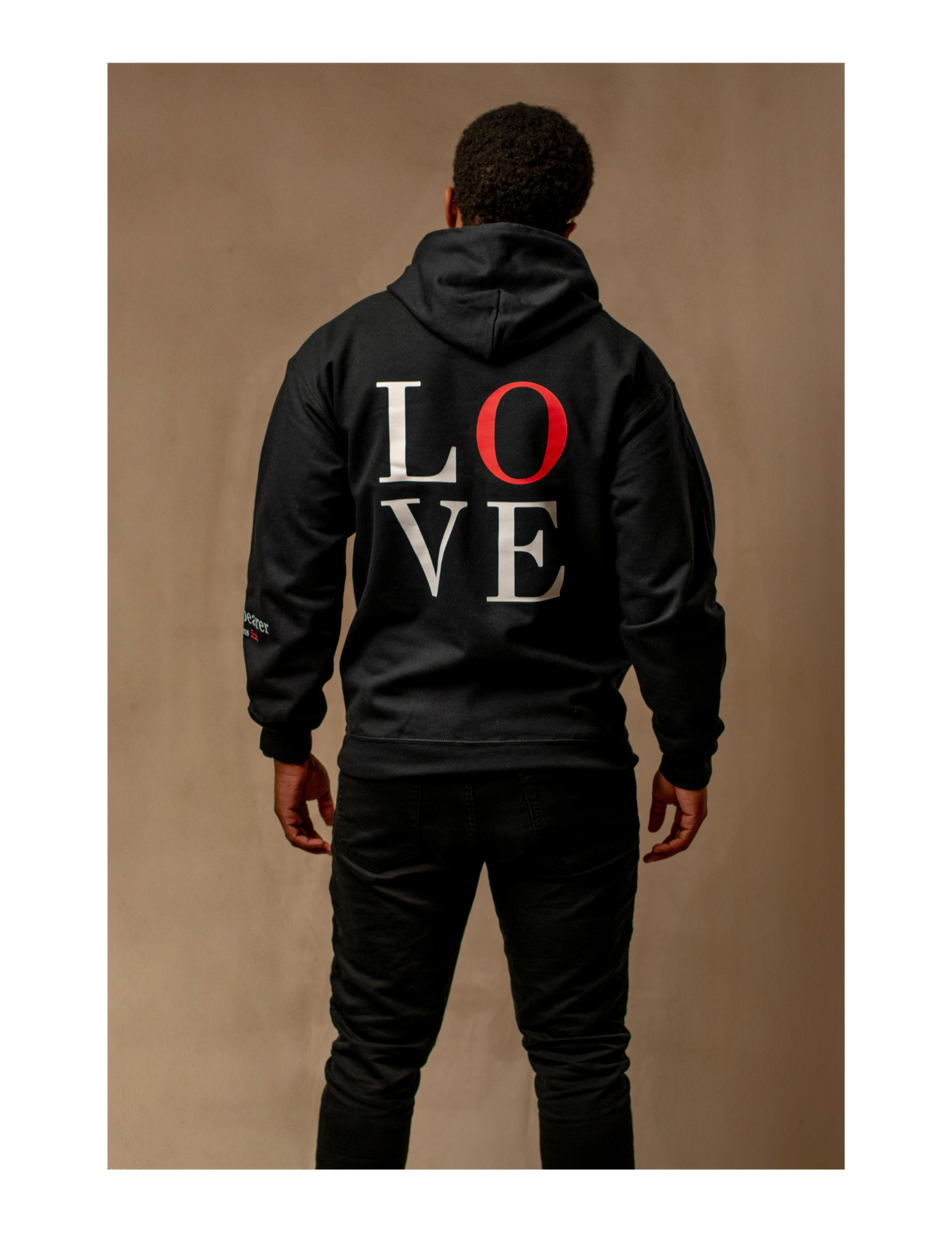 Guy wearing Black LOVE Hoodie-Back
