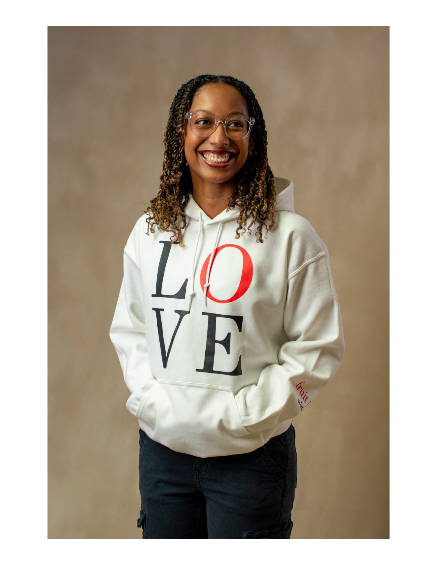 Woman wearing White LOVE Hoodie-Front