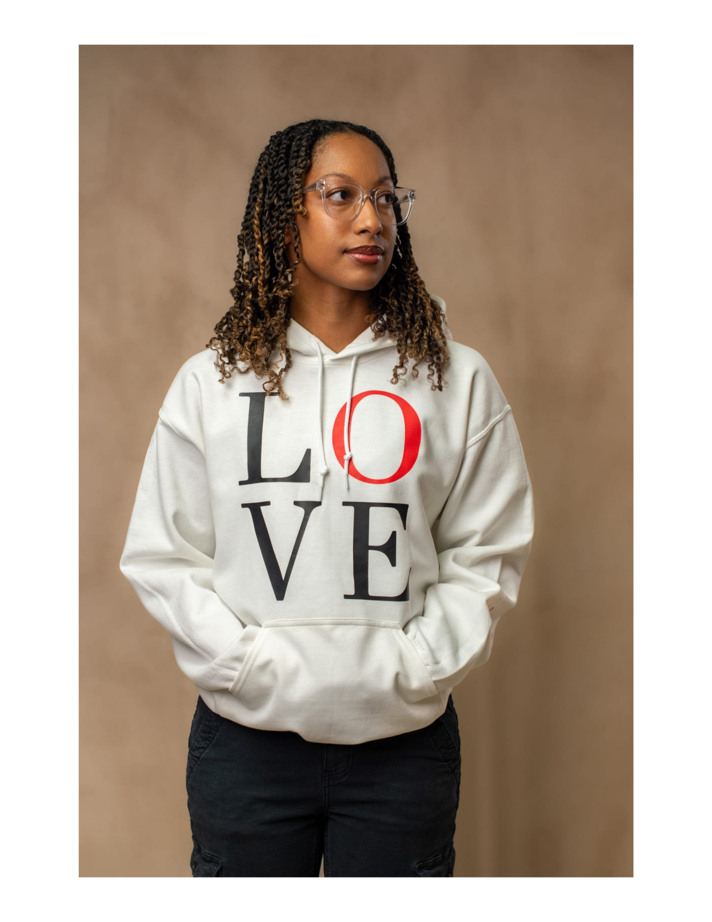 Woman wearing White LOVE Hoodie-Front