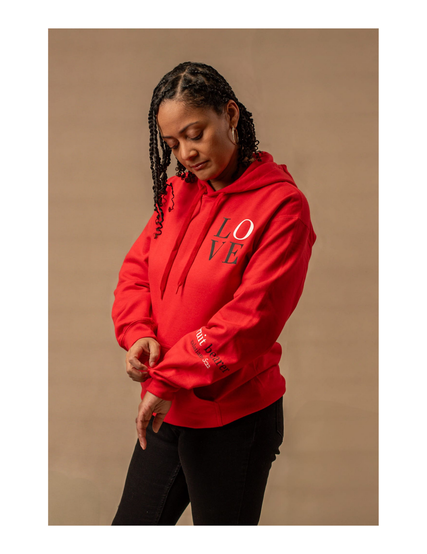 Woman wearing Red LOVE Hoodie-Side