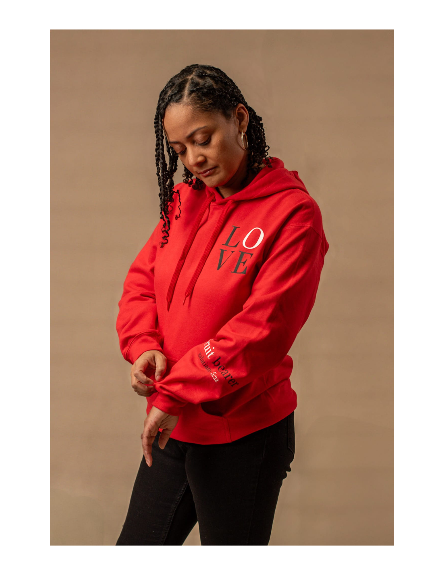 Woman wearing Red LOVE Hoodie-Side