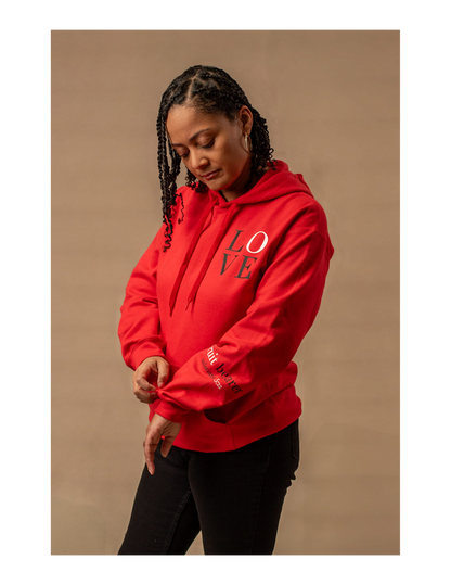 Woman wearing Red LOVE Hoodie-Side
