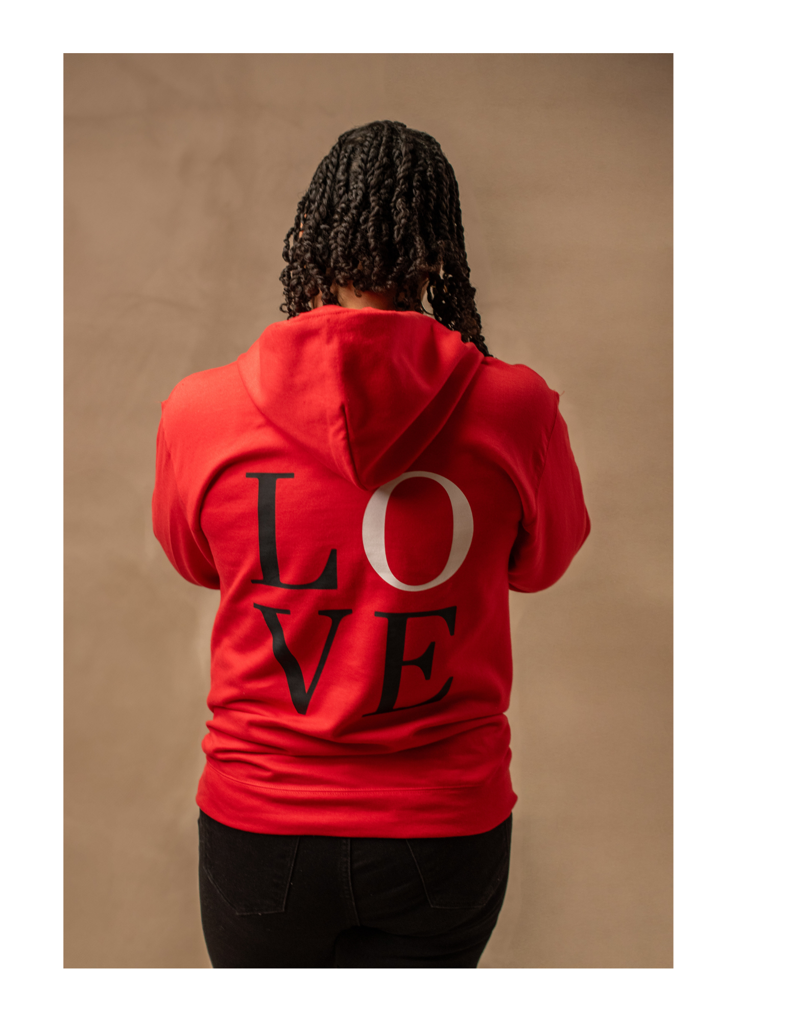 Woman wearing Red LOVE Hoodie-Back